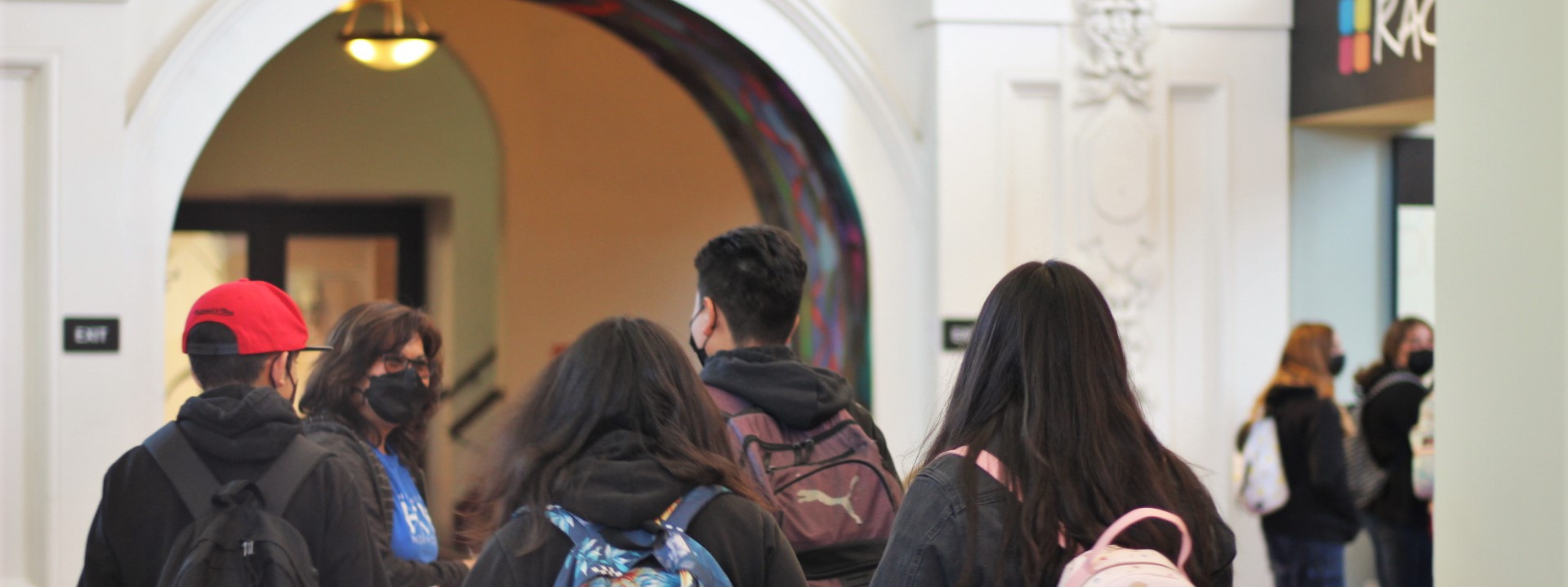 A group of students at the museum, shot from behind.