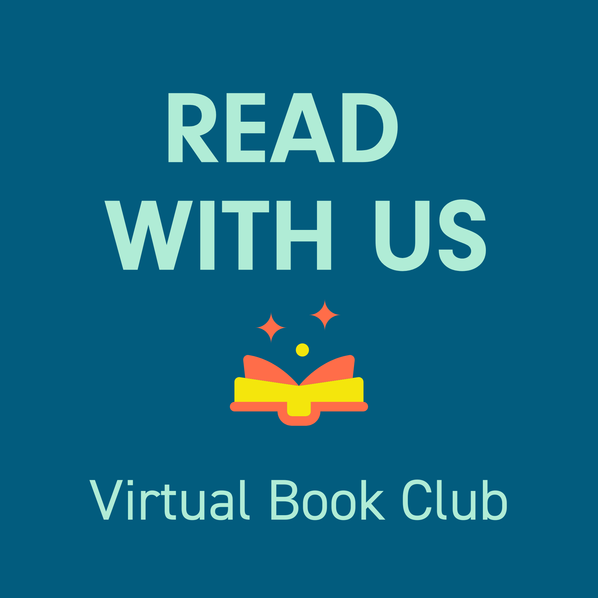 A graphic image on a dark blue background with light blue text that says READ WITH US Virtual Book Club